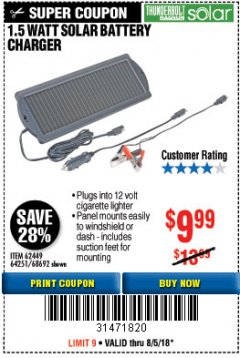 Harbor Freight Coupon THUNDERBOLT SOLAR 1.5 WATT SOLAR BATTERY MAINTAINER Lot No. 64251 Expired: 8/15/18 - $9.99