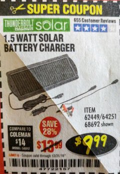 Harbor Freight Coupon THUNDERBOLT SOLAR 1.5 WATT SOLAR BATTERY MAINTAINER Lot No. 64251 Expired: 12/31/18 - $9.99