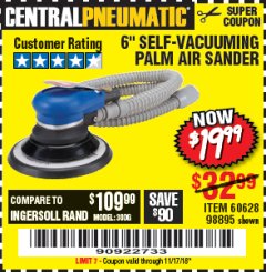 Harbor Freight Coupon 6" SELF-VACUUMING AIR PALM SANDER Lot No. 60628/98895 Expired: 11/17/18 - $19.99