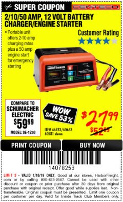 Harbor Freight ITC Coupon 12 VOLT, 2/10/50 AMP BATTERY CHARGER/ENGINE STARTER Lot No. 66783/60581/60653/62334 Expired: 1/10/19 - $27.99