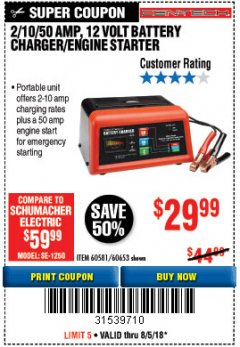 Harbor Freight Coupon 12 VOLT, 2/10/50 AMP BATTERY CHARGER/ENGINE STARTER Lot No. 66783/60581/60653/62334 Expired: 8/5/18 - $29.99