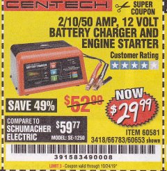 Harbor Freight Coupon 12 VOLT, 2/10/50 AMP BATTERY CHARGER/ENGINE STARTER Lot No. 66783/60581/60653/62334 Expired: 10/24/19 - $29.99