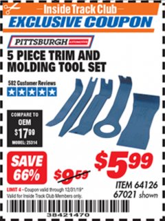 Harbor Freight ITC Coupon 5 PIECE AUTO TRIM AND MOLDING TOOL SET Lot No. 67021/95432 Expired: 12/31/19 - $5.99