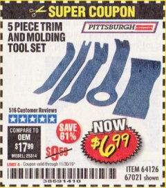 Harbor Freight Coupon 5 PIECE AUTO TRIM AND MOLDING TOOL SET Lot No. 67021/95432 Expired: 11/30/19 - $6.99