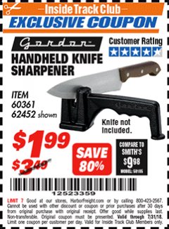 Harbor Freight ITC Coupon HANDHELD KNIFE SHARPENER Lot No. 60361/62452 Expired: 7/31/18 - $1.99