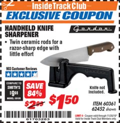 Harbor Freight ITC Coupon HANDHELD KNIFE SHARPENER Lot No. 60361/62452 Expired: 11/30/19 - $1.5
