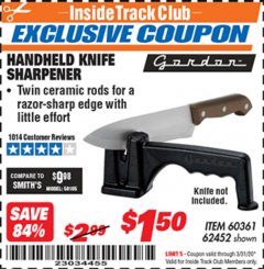 Harbor Freight ITC Coupon HANDHELD KNIFE SHARPENER Lot No. 60361/62452 Expired: 3/31/20 - $1.5