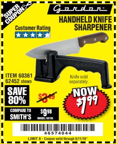 Harbor Freight Coupon HANDHELD KNIFE SHARPENER Lot No. 60361/62452 Expired: 8/11/18 - $1.99