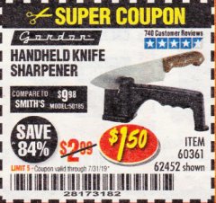 Harbor Freight Coupon HANDHELD KNIFE SHARPENER Lot No. 60361/62452 Expired: 7/31/19 - $1.5