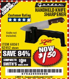Harbor Freight Coupon HANDHELD KNIFE SHARPENER Lot No. 60361/62452 Expired: 12/14/19 - $1.5