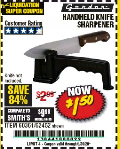 Harbor Freight Coupon HANDHELD KNIFE SHARPENER Lot No. 60361/62452 Expired: 6/30/20 - $1.5