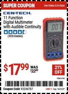 Harbor Freight Coupon 11 FUNCTION DIGITAL MULTIMETER WITH AUDIBLE CONTINUITY Lot No. 61593/37772 Valid Thru: 10/2/22 - $17.99
