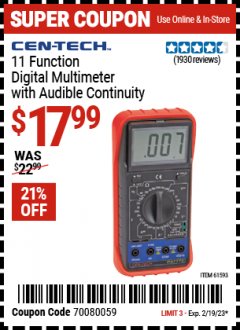 Harbor Freight Coupon 11 FUNCTION DIGITAL MULTIMETER WITH AUDIBLE CONTINUITY Lot No. 61593/37772 Expired: 2/19/23 - $17.99