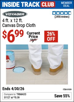 Harbor Freight Coupon VOYAGER 4 X 12 CANVAS DROP CLOTH Lot No. 69309 Valid: 12/31/69 - 4/30/26 - $6.99