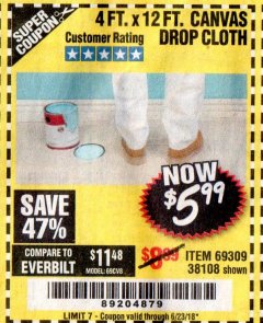 Harbor Freight Coupon 4 FT. x 12 FT. CANVAS DROP CLOTH Lot No. 69309/38108 Expired: 6/23/18 - $5.99