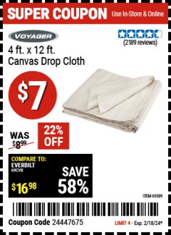 Harbor Freight Coupon VOYAGER 4 X 12 CANVAS DROP CLOTH Lot No. 69309 Expired: 2/18/24 - $7
