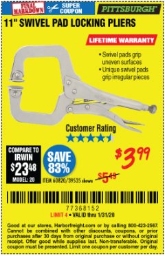 Harbor Freight Coupon 11" SWIVEL PAD LOCKING PLIERS Lot No. 60820/39535 Expired: 1/31/20 - $3.99
