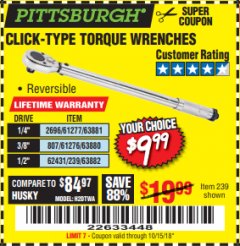 Harbor Freight Coupon TORQUE WRENCHES Lot No. 2696/61277/807/61276/239/62431 Expired: 10/15/18 - $9.99