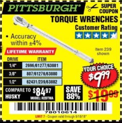 Harbor Freight Coupon TORQUE WRENCHES Lot No. 2696/61277/807/61276/239/62431 Expired: 9/18/18 - $9.99