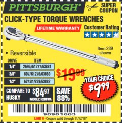 Harbor Freight Coupon TORQUE WRENCHES Lot No. 2696/61277/807/61276/239/62431 Expired: 11/17/18 - $9.99