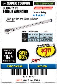 Harbor Freight Coupon TORQUE WRENCHES Lot No. 2696/61277/807/61276/239/62431 Expired: 9/30/18 - $9.99