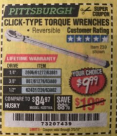 Harbor Freight Coupon TORQUE WRENCHES Lot No. 2696/61277/807/61276/239/62431 Expired: 2/5/19 - $9.99