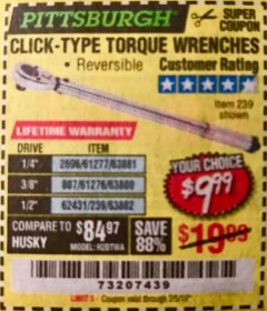 Harbor Freight Coupon TORQUE WRENCHES Lot No. 2696/61277/807/61276/239/62431 Expired: 2/5/19 - $9.99