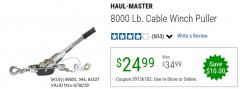 Harbor Freight Coupon 8000 LB. CAPACITY CABLE WINCH PULLER Lot No. 543/69855 Expired: 6/30/20 - $24.99