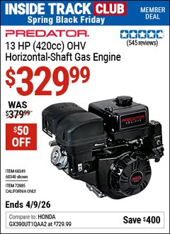 Harbor Freight ITC Coupon PREDATOR 13 HP (420CC) OHV HORIZONTAL-SHAFT GAS ENGINE Lot No. 60340/60349/72885 Expired: 4/9/26 - $329.99