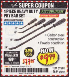 Harbor Freight Coupon 4 PIECE HEAVY DUTY PRY BAR SET Lot No. 1654/69281 Expired: 10/31/19 - $9.99