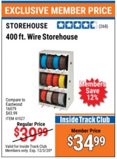 Harbor Freight ITC Coupon 400 FT. WIRE AND WIRE STORAGE Lot No. 61527/62273/60360 Expired: 12/3/20 - $34.99