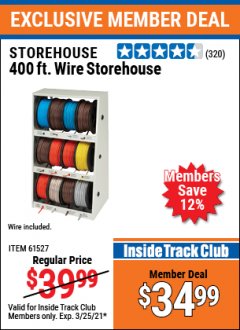 Harbor Freight ITC Coupon 400 FT. WIRE AND WIRE STORAGE Lot No. 61527/62273/60360 Expired: 3/25/21 - $34.99