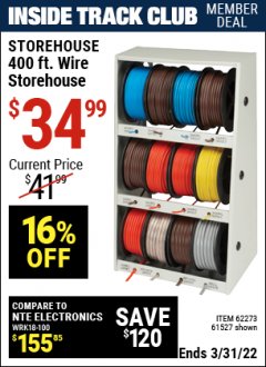 Harbor Freight ITC Coupon 400 FT. WIRE AND WIRE STORAGE Lot No. 61527/62273/60360 Expired: 3/21/22 - $34.99