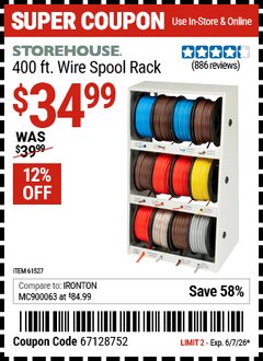 Harbor Freight Coupon STOREHOUSE 400 FT. WIRE SPOOL RACK Lot No. 61527 Valid Thru: 6/7/26 - $34.99