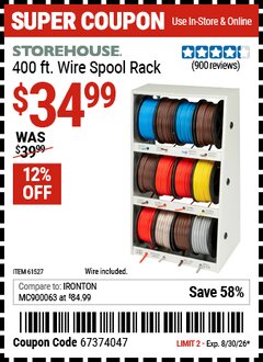 Harbor Freight Coupon STOREHOUSE 400 FT. WIRE SPOOL RACK Lot No. 61527 Valid Thru: 8/30/26 - $34.99