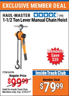 Harbor Freight ITC Coupon 1-1/2 TON LEVER CHAIN HOIST Lot No. 66106 Expired: 2/25/21 - $79.99