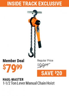 Harbor Freight ITC Coupon 1-1/2 TON LEVER CHAIN HOIST Lot No. 66106 Expired: 7/29/21 - $79.99