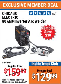 Harbor Freight ITC Coupon CHICAGO ELECTRIC 80 AMP INVERTER ARC WELDER Lot No. 64057 Expired: 2/25/21 - $129.99