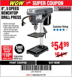 Harbor Freight Coupon 8", 5 SPEED BENCH MOUNT DRILL PRESS Lot No. 60238/62390/62520/44506/38119 Expired: 3/17/19 - $54.99