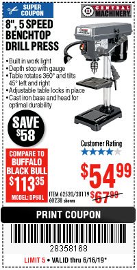 Harbor Freight Coupon 8", 5 SPEED BENCH MOUNT DRILL PRESS Lot No. 60238/62390/62520/44506/38119 Expired: 6/16/19 - $54.99