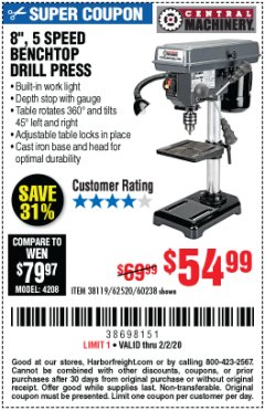 Harbor Freight Coupon 8", 5 SPEED BENCH MOUNT DRILL PRESS Lot No. 60238/62390/62520/44506/38119 Expired: 2/2/20 - $54.99