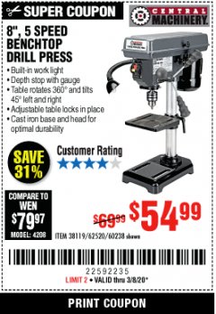 Harbor Freight Coupon 8", 5 SPEED BENCH MOUNT DRILL PRESS Lot No. 60238/62390/62520/44506/38119 Expired: 3/8/20 - $54.99