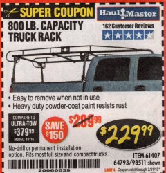 Harbor Freight Coupon 800 LB. CAPACITY FULL SIZE TRUCK RACK Lot No. 61407/98511 Expired: 3/31/19 - $229.99
