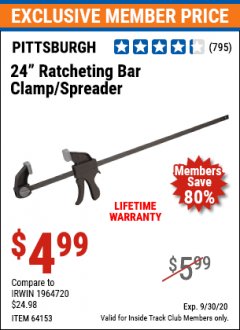 Harbor Freight ITC Coupon 24" RATCHET BAR CLAMP/SPREADER Lot No. 68977/62112/64153/46809 Expired: 9/30/20 - $4.99