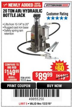 Harbor Freight Coupon 20 TON AIR/HYDRAULIC BOTTLE JACK Lot No. 96147/69593/95553 Expired: 12/2/18 - $89.99