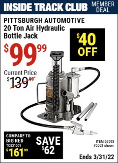 Harbor Freight ITC Coupon 20 TON AIR/HYDRAULIC BOTTLE JACK Lot No. 96147/69593/95553 Expired: 3/31/22 - $99.99