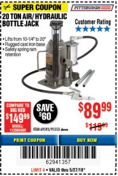 Harbor Freight Coupon 20 TON AIR/HYDRAULIC BOTTLE JACK Lot No. 96147/69593/95553 Expired: 5/27/18 - $89.99