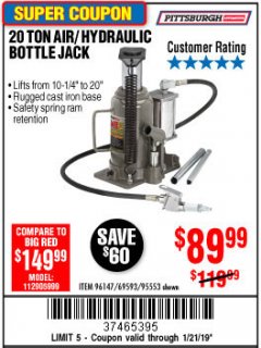Harbor Freight Coupon 20 TON AIR/HYDRAULIC BOTTLE JACK Lot No. 96147/69593/95553 Expired: 1/21/19 - $89.99