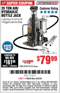 Harbor Freight Coupon 20 TON AIR/HYDRAULIC BOTTLE JACK Lot No. 96147/69593/95553 Expired: 3/22/20 - $79.99