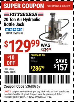 Harbor Freight Coupon 20 TON AIR/HYDRAULIC BOTTLE JACK Lot No. 96147/69593/95553 Expired: 7/31/22 - $129.99